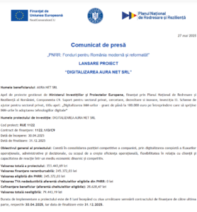 Comunicat de presa incepere proiect fonduri PNRR - AURA NET SRL