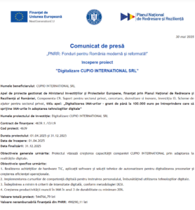 Comunicat de presa incepere proiect fonduri PNRR - CUPIO INTERNATIONAL SRL