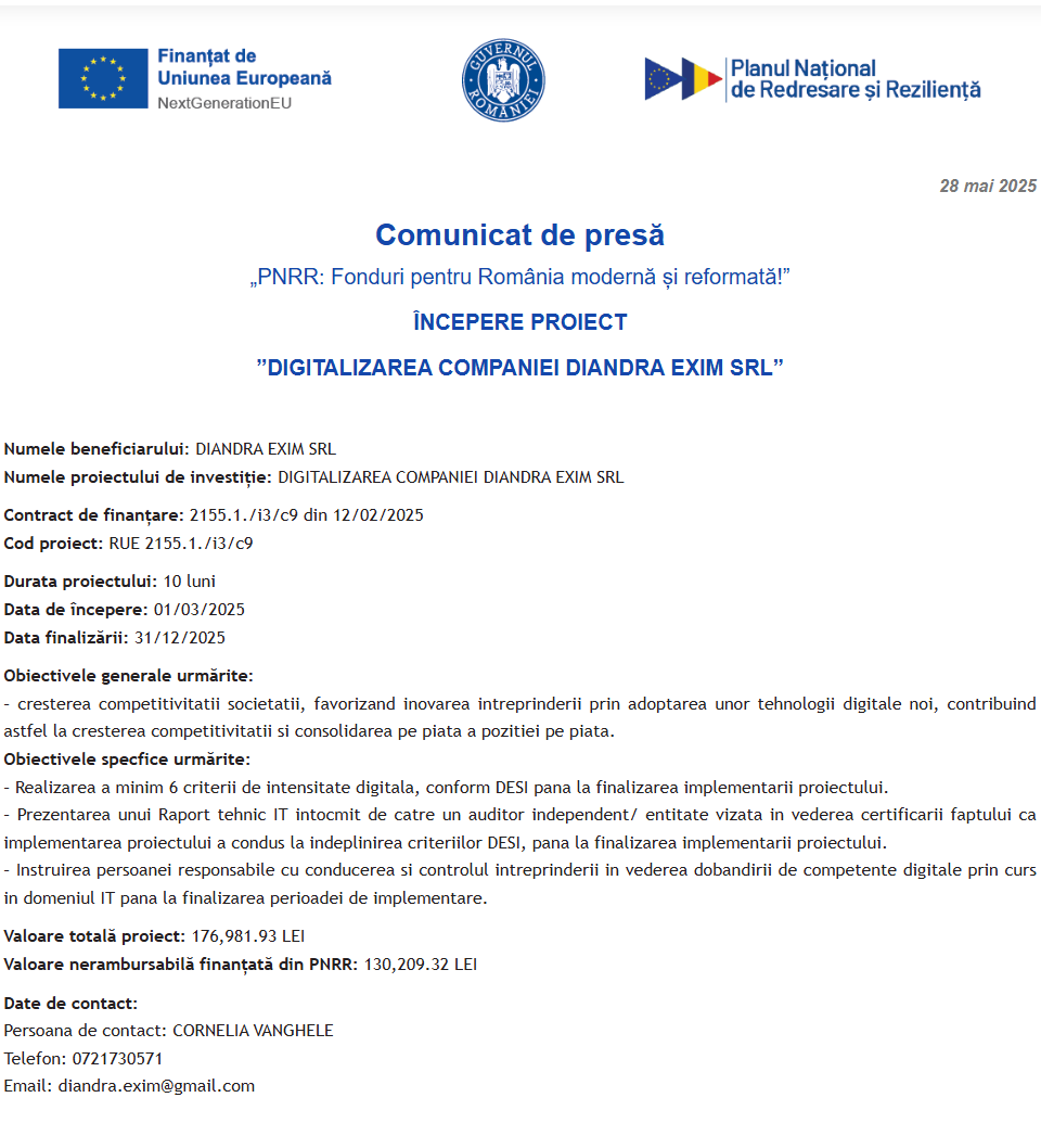 Comunicat de presă privind începerea derulării proiectului “DIGITALIZAREA COMPANIEI DIANDRA EXIM SRL”