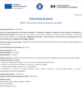 Comunicat de presa incepere proiect fonduri PNRR - LENI 46 SRL