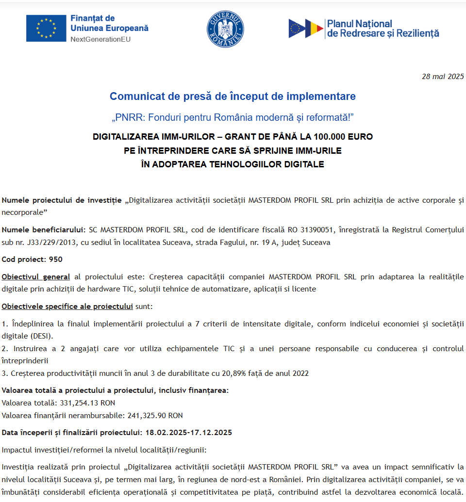 Comunicat de presă privind începerea derulării proiectului „Digitalizarea activității societății MASTERDOM PROFIL SRL prin achiziția de active corporale și necorporale”