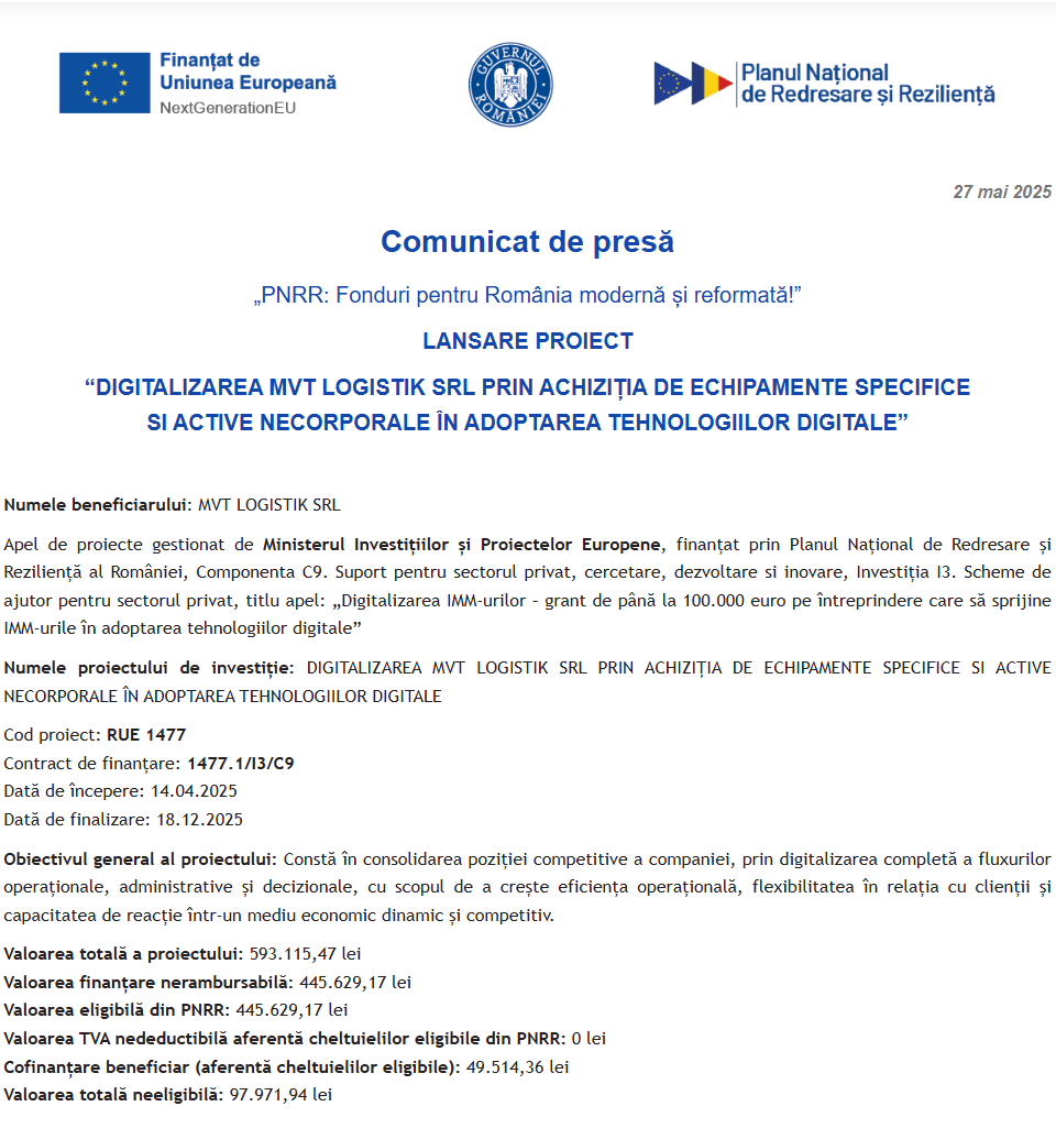 Comunicat de presă privind începerea derulării proiectului “DIGITALIZAREA MVT LOGISTIK SRL PRIN ACHIZIȚIA DE ECHIPAMENTE SPECIFICE SI ACTIVE NECORPORALE ÎN ADOPTAREA TEHNOLOGIILOR DIGITALE”