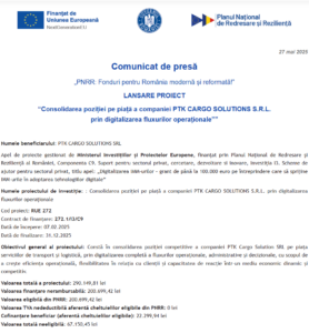 Comunicat de presa incepere proiect fonduri PNRR - PTK CARGO SOLUTIONS SRL