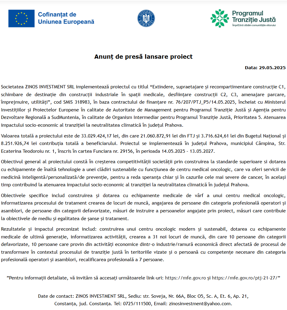 Comunicat de presă privind începerea derulării proiectului „Extindere, supraetajare și recompartimentare construcție C1, schimbare de destinație din construcții industriale în spații medicale…”