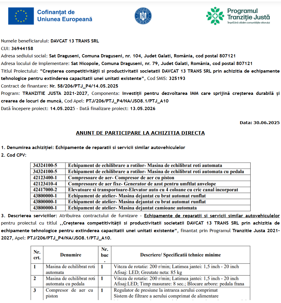 Anunt de participare la achizitia directa echipamente de reparatii si servicii similar autovehiculelor