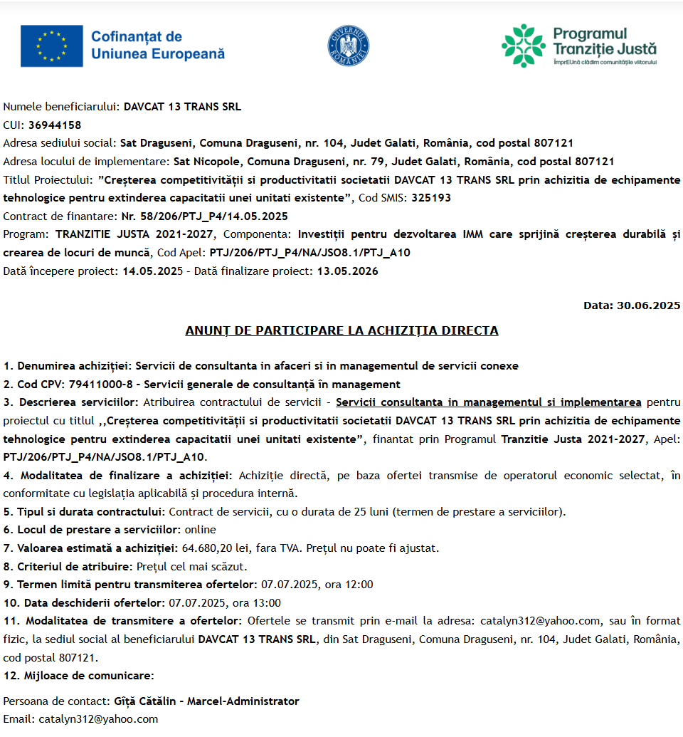 Anunt de participare la achizitia directa de servicii de consultanta in afaceri si in managementul de servicii conexe proiect cod SMIS 325193
