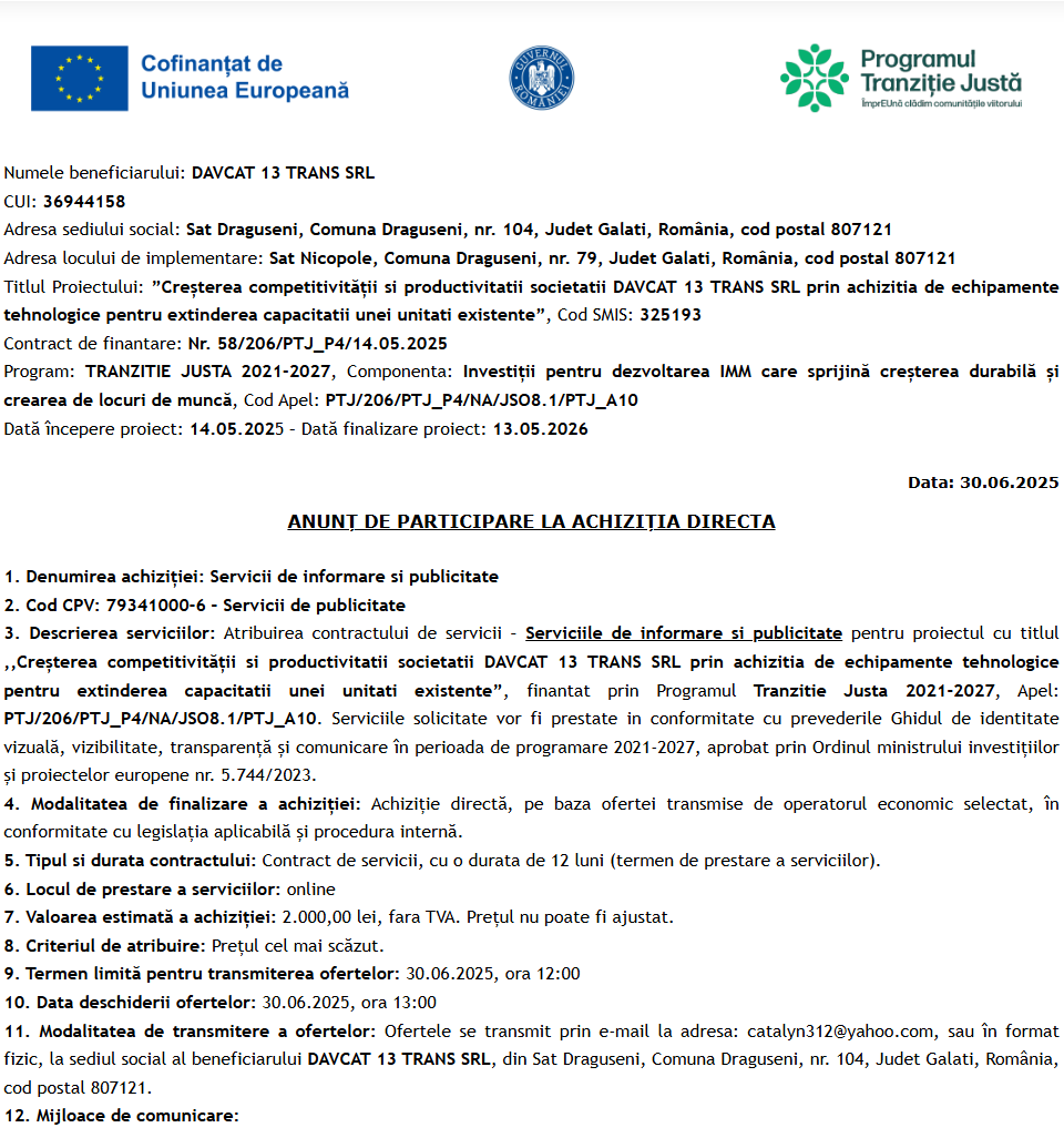 Anunt de participare la achizitia directa de servicii de informare si publicitate proiect cod SMIS 325193