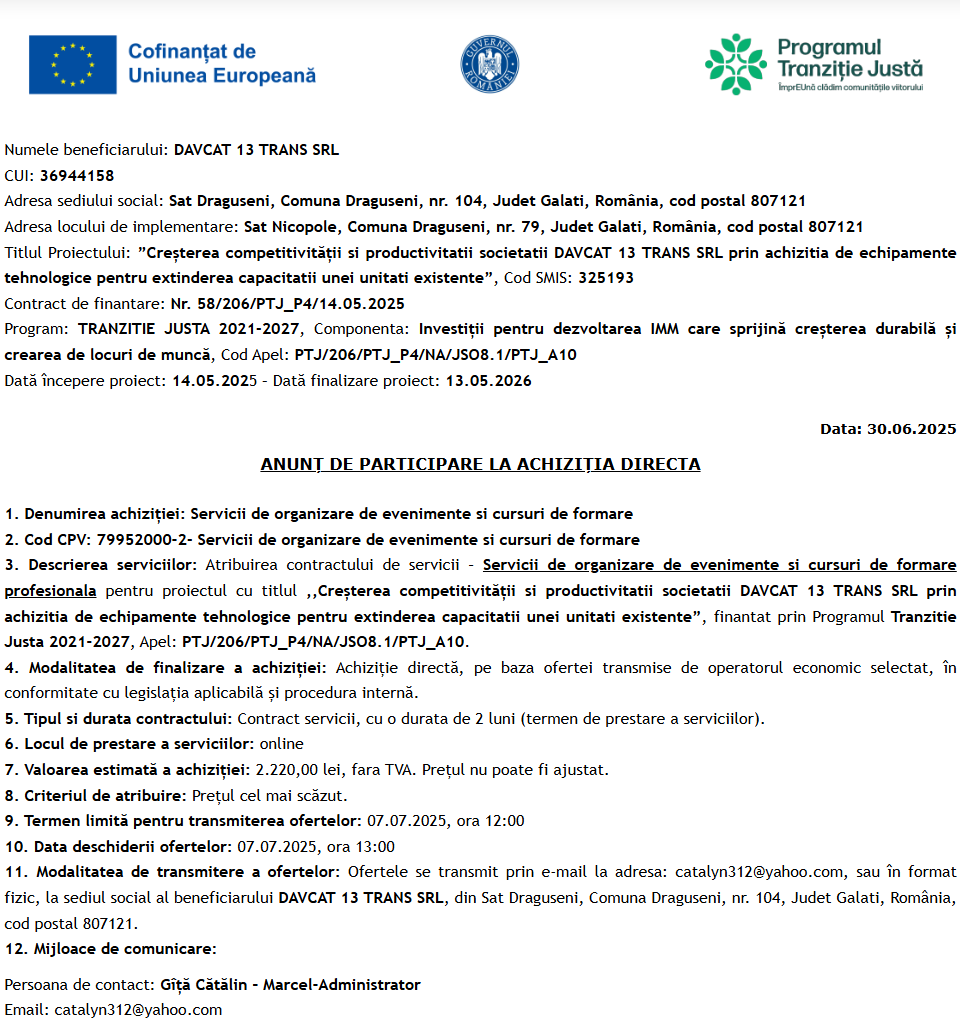 Anunt de participare la achizitia directa de servicii de organizare de evenimente si cursuri de formare