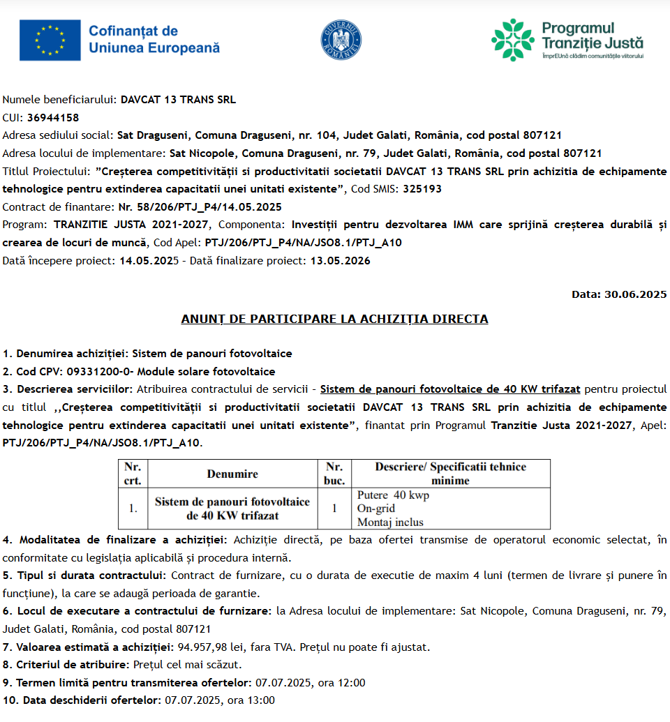 Anunt de participare la achizitia directa sistem de panouri fotovoltaice