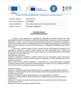 Comunicat de presa finalizare proiect Fondul pentru Modernizare - ASINIA FARM SRL