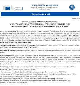 Comunicat de presa finalizare proiect Fondul pentru Modernizare RASOVA WINE SRL