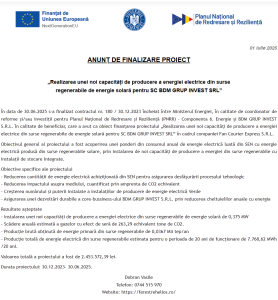 Comunicat de presa finalizare proiect fonduri PNRR - BDM GRUP INVEST SRL