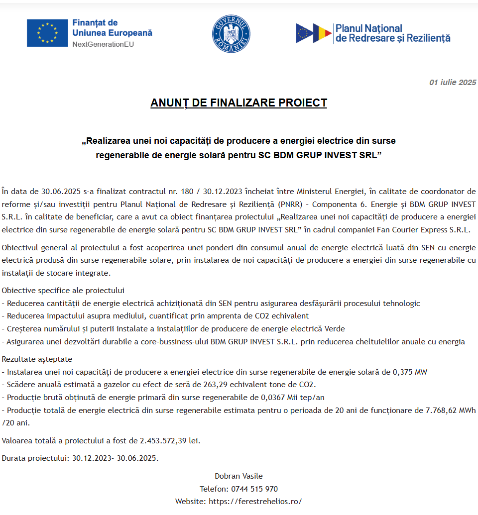 Comunicat de presă privind finalizarea derulării proiectului “Realizarea unei noi capacități de producere a energiei electrice din surse regenerabile de energie solară pentru SC BDM GRUP INVEST SRL”
