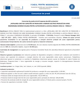 Comunicat de presa incepere proiect Fondul pentru Modernizare - AVICOLA DRAGOS VODA SA – FERMA 2