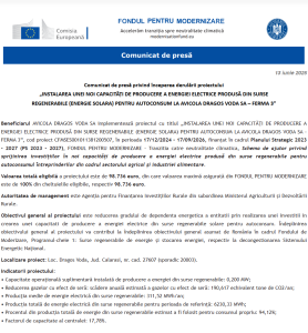 Comunicat de presa incepere proiect Fondul pentru Modernizare - AVICOLA DRAGOS VODA SA – FERMA 3