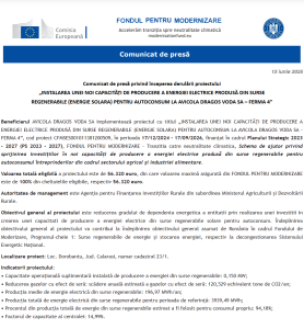 Comunicat de presa incepere proiect Fondul pentru Modernizare - AVICOLA DRAGOS VODA SA – FERMA 4