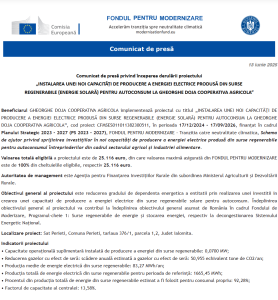 Comunicat de presa incepere proiect Fondul pentru Modernizare - GHEORGHE DOJA COOPERATIVA AGRICOLA