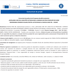 Comunicat de presa incepere proiect Fondul pentru Modernizare - RASOVA WINE SRL