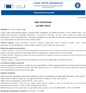 Comunicat de presa incepere proiect Fondul pentru Modernizare - UAT Schitu