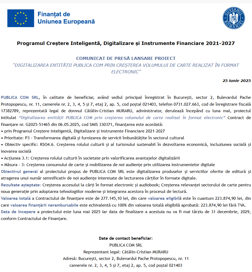 Comunicat de presă privind începerea derulării proiectului “DIGITALIZAREA ENTITĂȚII PUBLICA COM PRIN CREȘTEREA VOLUMULUI DE CARTE REALIZAT ÎN FORMAT ELECTRONIC”