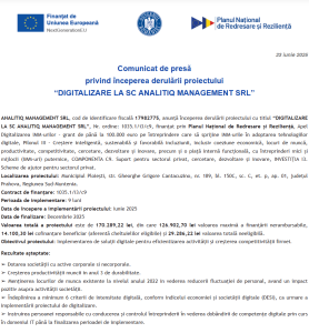 Comunicat de presa incepere proiect fonduri PNRR - ANALITIQ MANAGEMENT SRL
