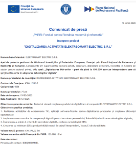 Comunicat de presa incepere proiect fonduri PNRR - ELEKTROSMART ELECTRIC SRL