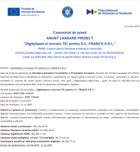 Comunicat de presa incepere proiect fonduri PNRR - FRANCK SRL