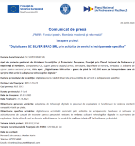 Comunicat de presa incepere proiect fonduri PNRR - SILVER BRAD SRL