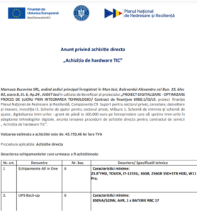 Anunt achizitie de hardware TIC - Mamuca Bucovina SRL