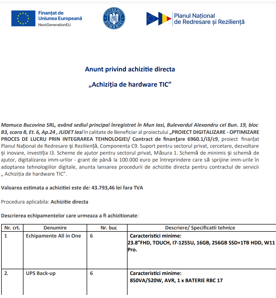 Anunt procedura achizitie directa „Achiziția de hardware TIC”