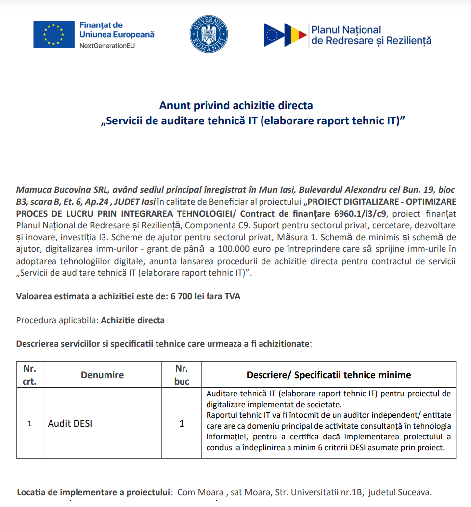 Anunt procedura achizitie servicii „Servicii de auditare tehnică IT (elaborare raport tehnic IT)”