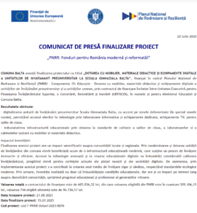 Comunicat de presa finalizare proiect fonduri PNRR - UAT COMUNA BALTA