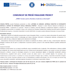 Comunicat de presa finalizare proiect fonduri PNRR - UAT COMUNA PRISTOL