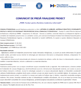 Comunicat de presa finalizare proiect fonduri PNRR - UAT COMUNA STÂNGĂCEAUA