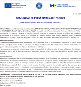 Comunicat de presa finalizare proiect fonduri PNRR - UAT COMUNA TESLUI