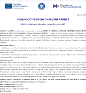 Comunicat de presa finalizare proiect fonduri PNRR - UAT COMUNA VÂNĂTORI