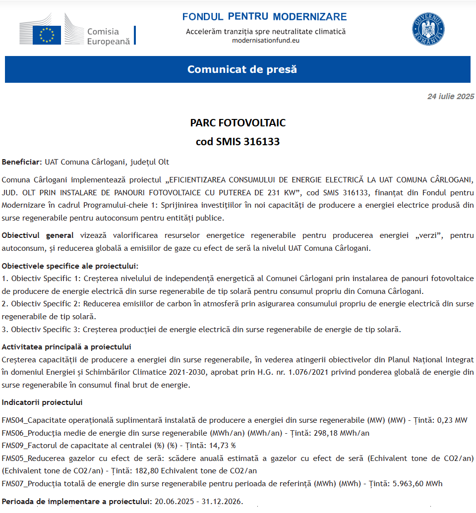 Comunicat de presă privind începerea derulării proiectului „EFICIENTIZAREA CONSUMULUI DE ENERGIE ELECTRICĂ LA UAT COMUNA CÂRLOGANI, JUD. OLT PRIN INSTALARE DE PANOURI FOTOVOLTAICE CU PUTEREA DE 231 KW”