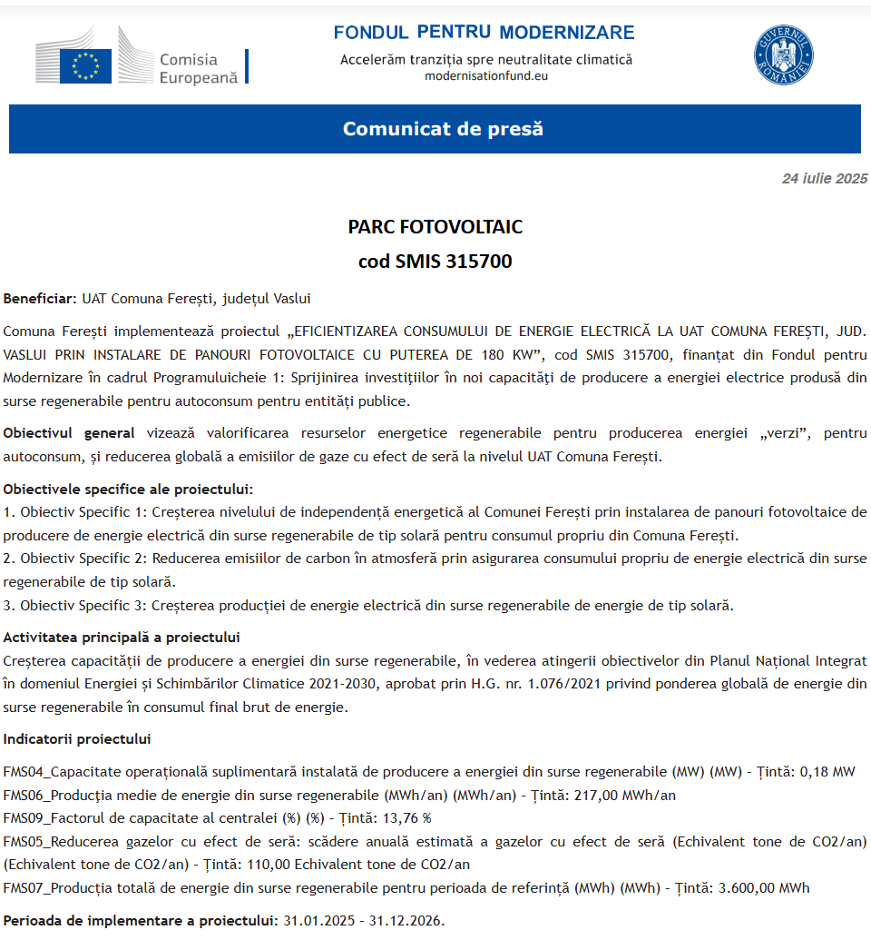 Comunicat de presă privind începerea derulării proiectului „EFICIENTIZAREA CONSUMULUI DE ENERGIE ELECTRICĂ LA UAT COMUNA FEREȘTI, JUD. VASLUI PRIN INSTALARE DE PANOURI FOTOVOLTAICE CU PUTEREA DE 180 KW”