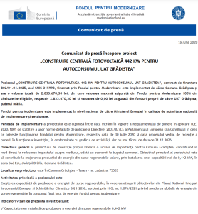 Comunicat de presa incepere proiect Fondul pentru Modernizare - UAT GRADISTEA
