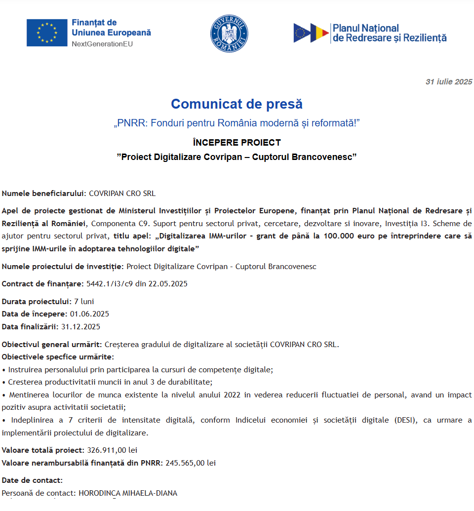 Comunicat de presă privind începerea derulării proiectului “Proiect Digitalizare Covripan – Cuptorul Brancovenesc”