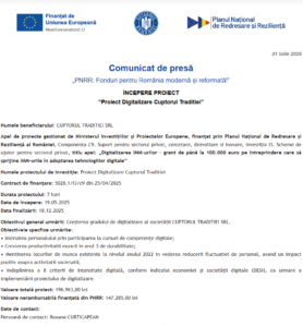 Comunicat de presa incepere proiect fonduri PNRR - CUPTORUL TRADITIEI SRL
