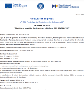 Comunicat de presa incepere proiect fonduri PNRR - DOX INVESTMENT SRL