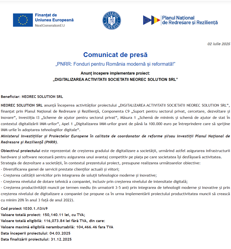 Comunicat de presă privind începerea derulării proiectului “DIGITALIZAREA ACTIVITATII SOCIETATII JETTA SRL”