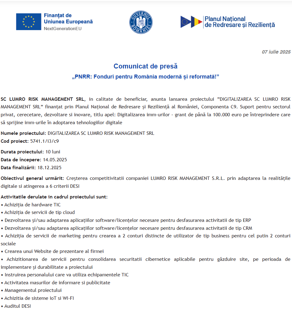 Comunicat de presă privind inceperea derulării proiectului “DIGITALIZAREA SC LUMRO RISK MANAGEMENT SRL”