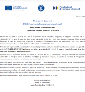 Comunicat de presa incepere proiect fonduri PNRR - PARAMETRIC MECHANICAL DESIGN SRL