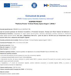 Comunicat de presa incepere proiect fonduri PNRR - PREMIER VILLAS CONSTRUCT SRL