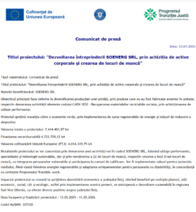 Comunicat de presa incepere proiect fonduri europene SOENERG SRL