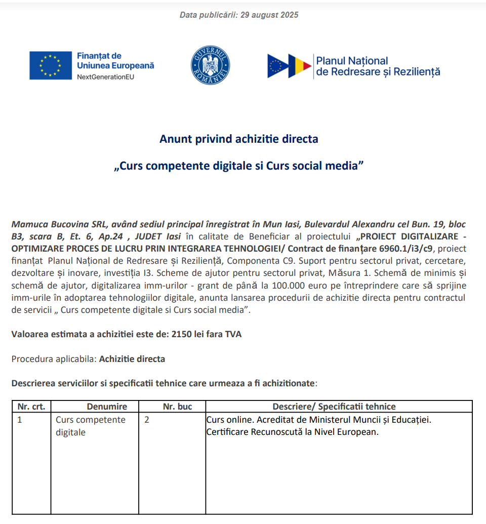 Anunt procedura achizitie „Curs competente digitale si Curs social media”