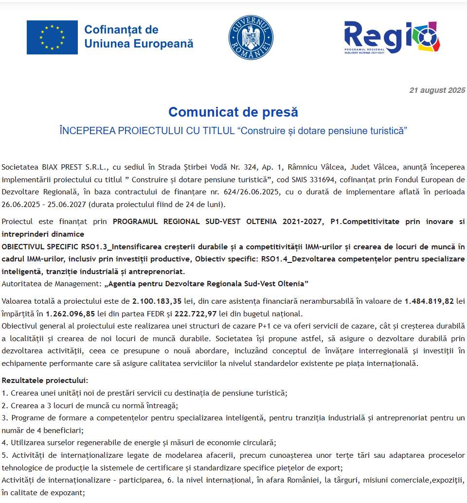 Comunicat de presă privind începerea derulării proiectului “Construire și dotare pensiune turistică”