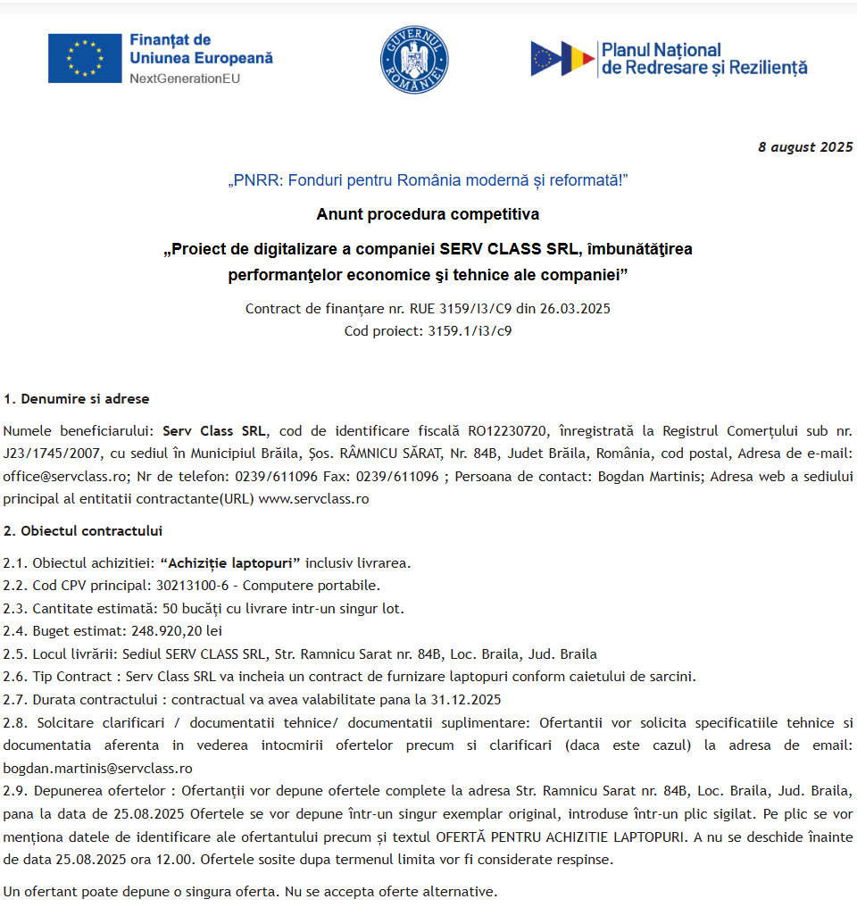 Anunt procedura competitiva achiziție laptopuri “Proiect de digitalizare a companiei SERV CLASS SRL, îmbunătăţirea performanţelor economice şi tehnice ale companiei”